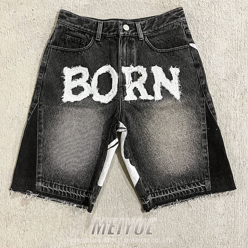 Custom Applique Embroidery Mens Raw Hem Denim Shorts Baggy Denim Shorts Antistatic