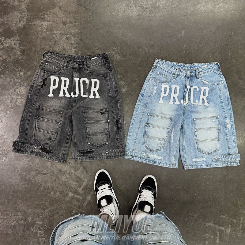 Custom Embroidery Raw Hem Patches Logo High Quality Streetwear Baggy Distressed Black Washed Denim Jeans Shorts for Men