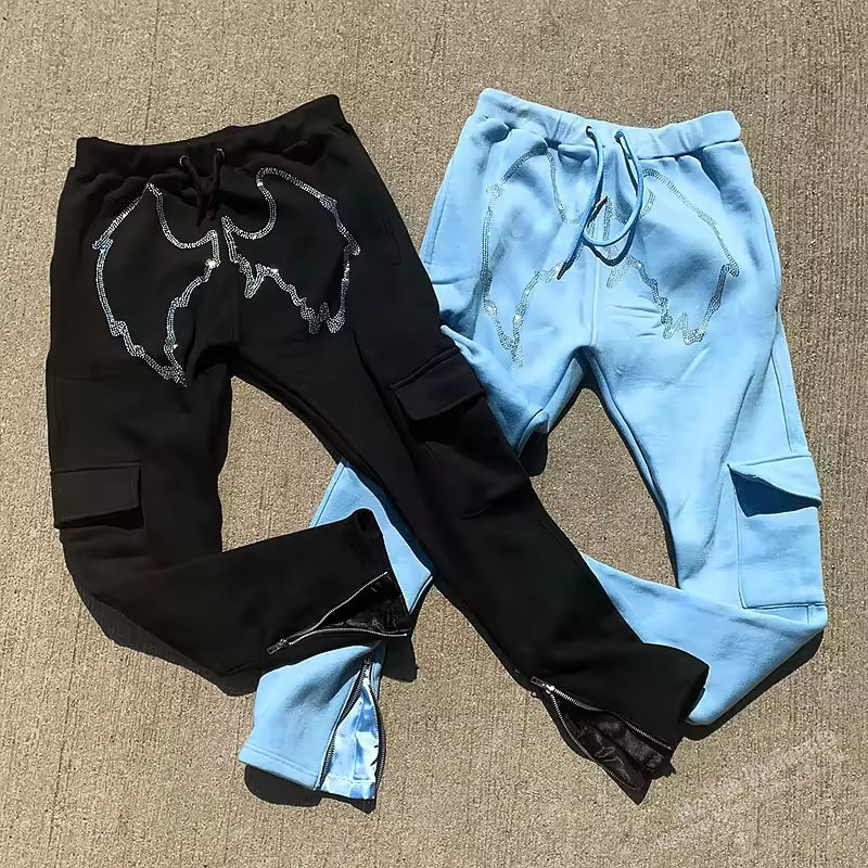 Custom Jogger Graphic Rhinestone Sweatpants Flared Running Training Jogging Stacked Pocket Side Zipper Stripe Sweat Cargo Pant