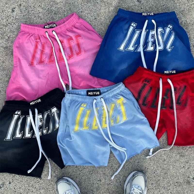 Custom Logo Silk Screen Print Streetwear Vintage Cotton French Terry Patch Embroidery With Drawstring Acid Wash Men's Shorts