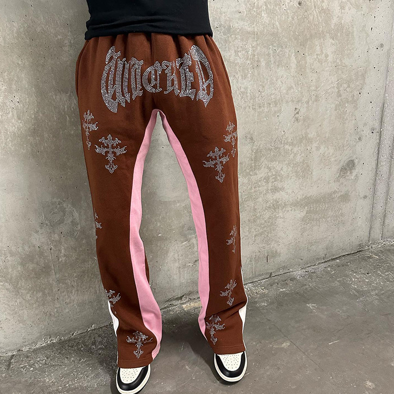 Custom Rhinestone Logo High Quality French Terry Streetwear Casual Stacked Cargo Puff Print Flared Sweatpants Popular