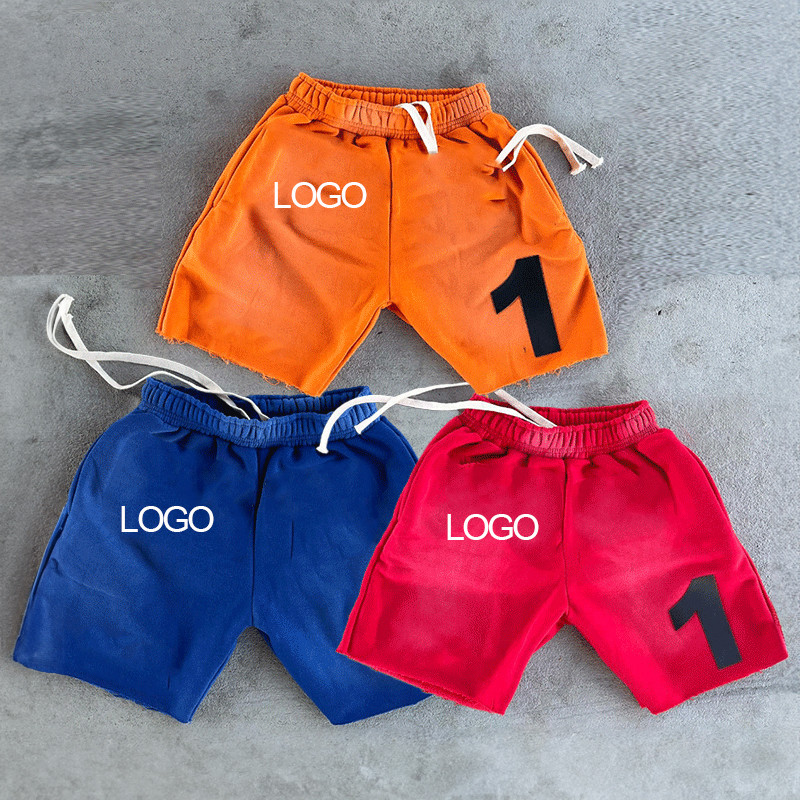 Custom Print Logo Drawstrings Acid Wash Vintage Men's Shorts Sweat Cotton Distressed Cut Edge Shorts Jogging Shorts