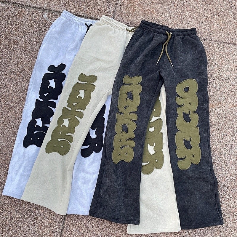 Acid Wash Distressed Wide Leg Sweatpants Applique Logo Hip Hop Joggers Cargo Pants