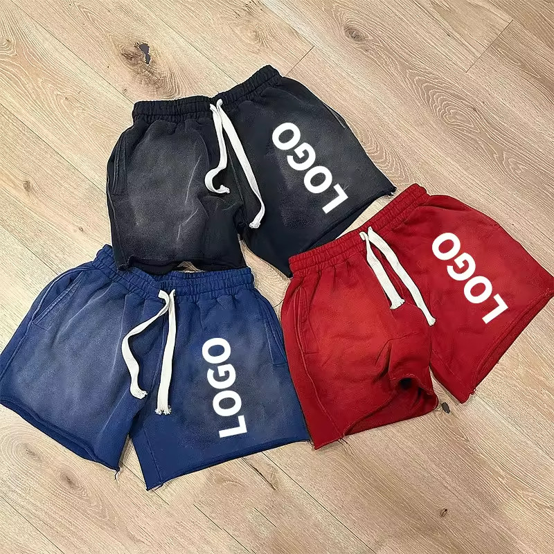 Custom Logo Manufacturer High Quality Screen Joggers Puff Print Vintage Cotton French Terry Sweat Men Acid Wash Sun Faded Shorts