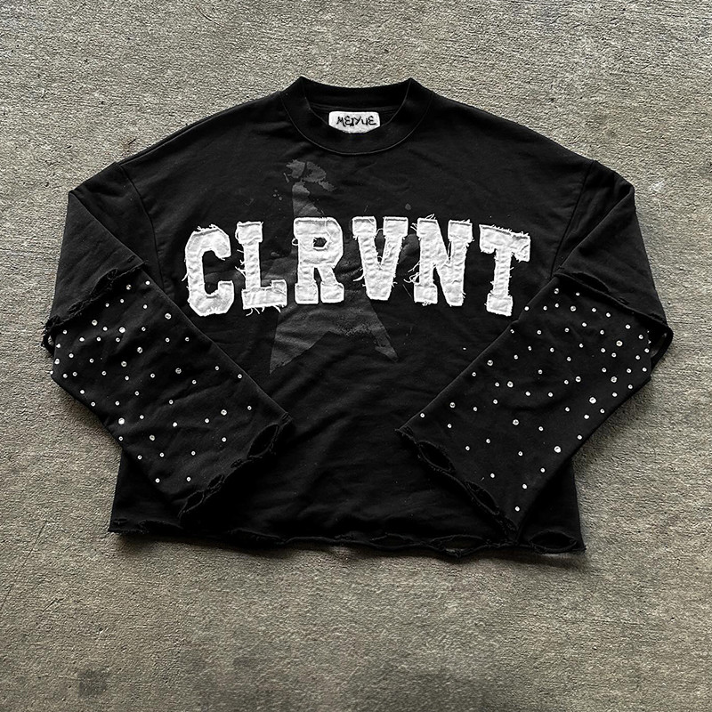 Custom Sweatshirt Rhinestone Distressed Unisex Embroidered Long Sleeve Double Layered Oversized T Shirt Heavyweight for Men