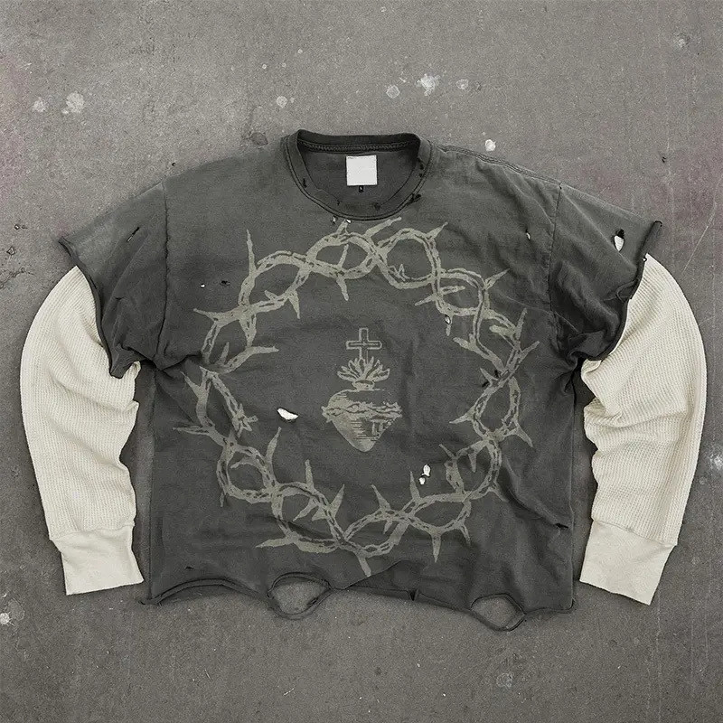 MeiYue Distressed Screen Print T-shirt Vintage Cotton Ripped Double Layer Long Waffle Sleeve Oversized Acid Wash T Shirt for Men