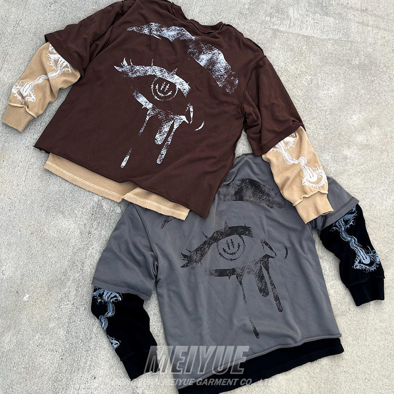 Custom DTG Print Logo Double Layer Waffle Long Sleeve 100% Cotton Tshirt Streetwear Men Oversized Sweatshirt T Shirt for Men