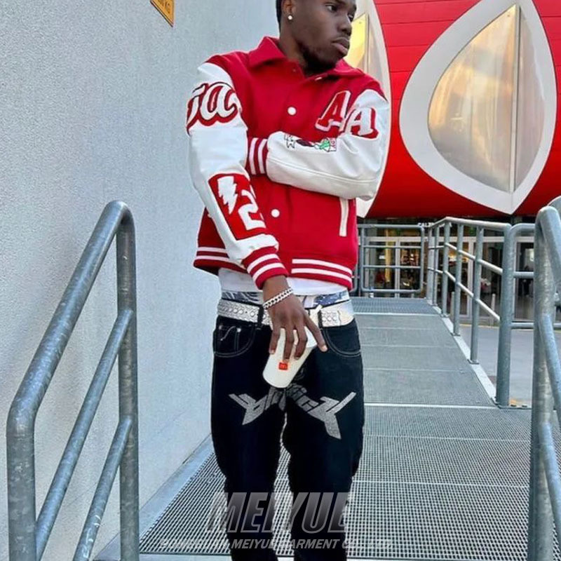 Custom Unisex Chenille Leather Sleeves Letter Embroidery Patch Men's Baseball Polar Fleece Varsity Jacket With Leather Sleeve