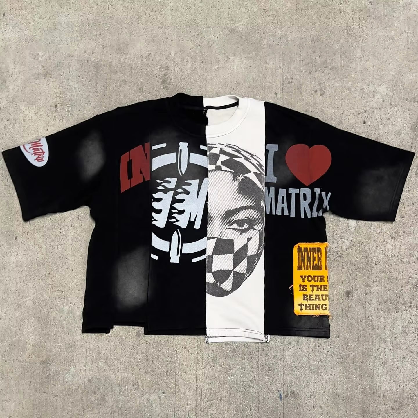 Clothing Manufacturer Streetwear Panel Color Custom Boxy Tee Acid Wash Sun Faded Vintage Hem Cut Sew Splicing T Shirt for Men