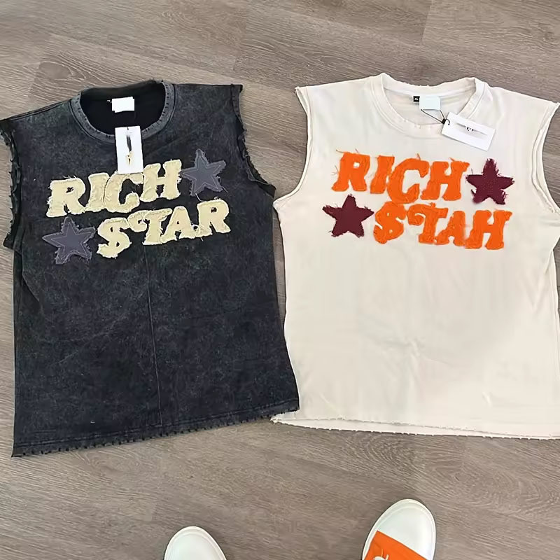 Custom Print Logo Applique Rips Tank Top Cut and Sew Acid Wash Sleeveless Fitness Gym Muscle Blank Drop Armhole Vest T Shirt Men