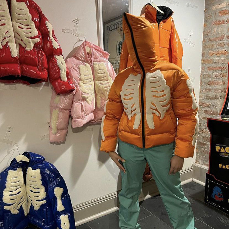 OEM Unisex Zip up Hoodie Custom Skeleton Chenille Embroidery Logo Puff Jacket Waterproof Windproof Bubble Full Zip up Jacket Men