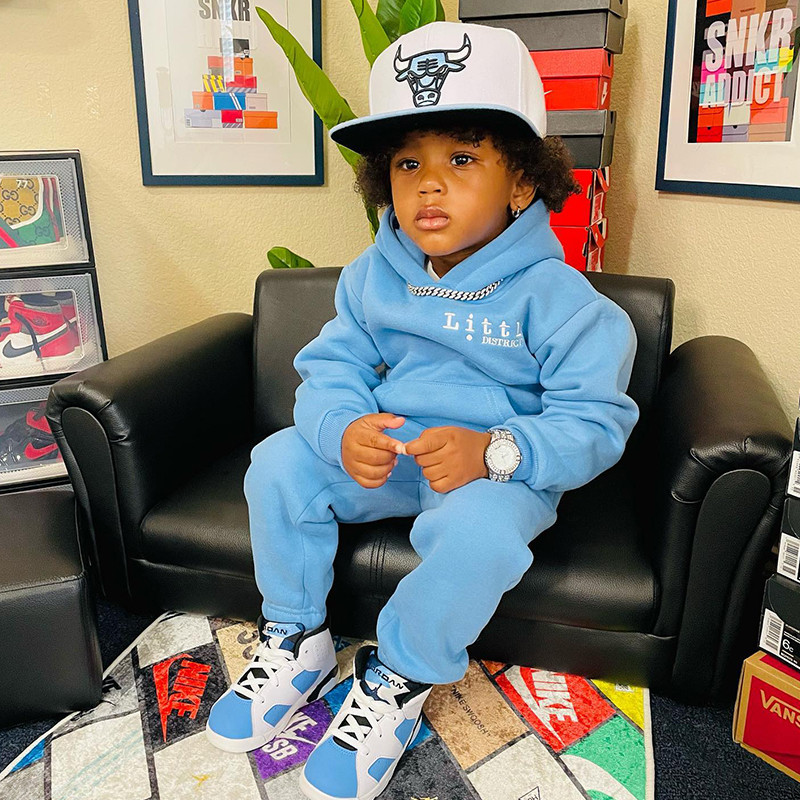 Custom Logo Boys Clothing Sets Cotton Embroidery Kids Hoodie Vintage Pullover No String Print Sweatpants and Hoodie Set Children