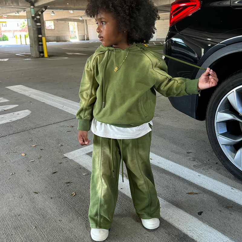 Custom Logo Cotton Puff Print Kids Sweat Pant And Hoodie Set Children Tracksuit