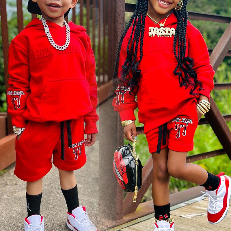 Customizable Logo Puff Print Children Clothing Sets Pullover Hoodies Kids Jogging Suit