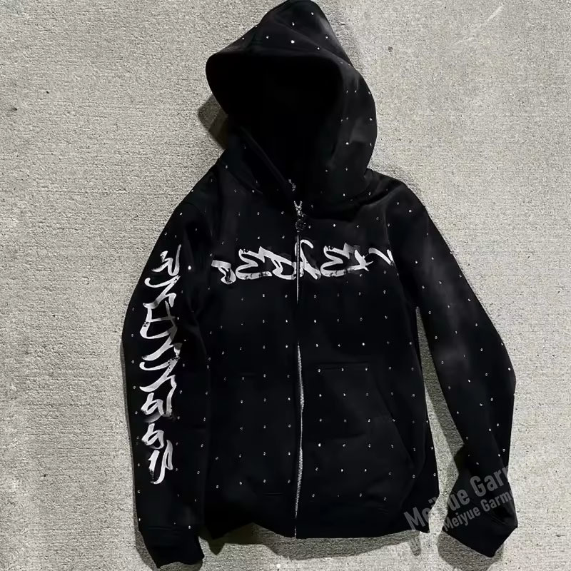 Custom Rhinestone Screen Print Logo No Strings Oversized Hoodie Distressed Heavyweight Cotton Zip up Hoodies Streetwear Hoodie