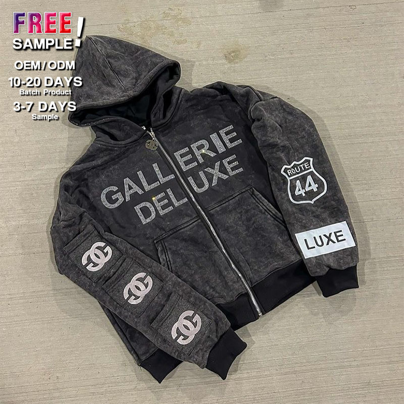 Clothing Manufacturers Custom Rhinestone Acid Washed Zip up Multiple Pockets Vintage Heavyweight Hoodie Sun Faded Hoodies Men