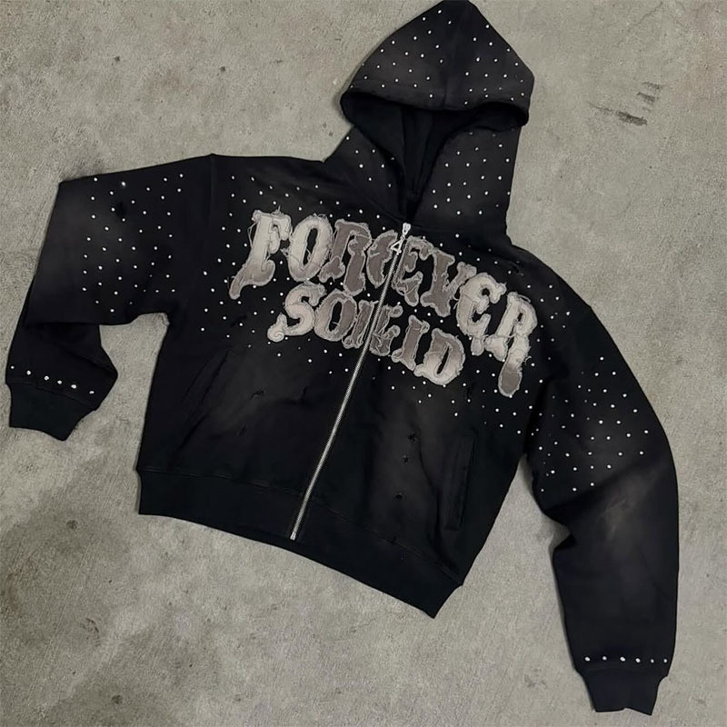 Embroidery Patch Logo Streetwear Mens Hoodies Rhinestone Hooded Sweatshirt