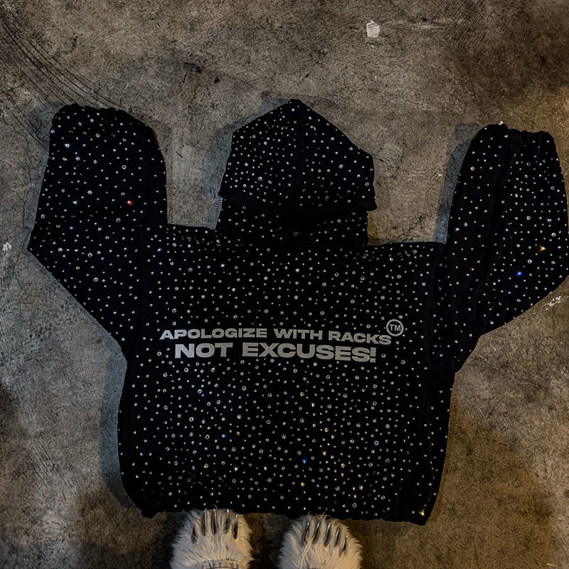 Heavyweight Black Rhinestone Hoodie Streetwear Vintage Distressed Hoodie Windproof