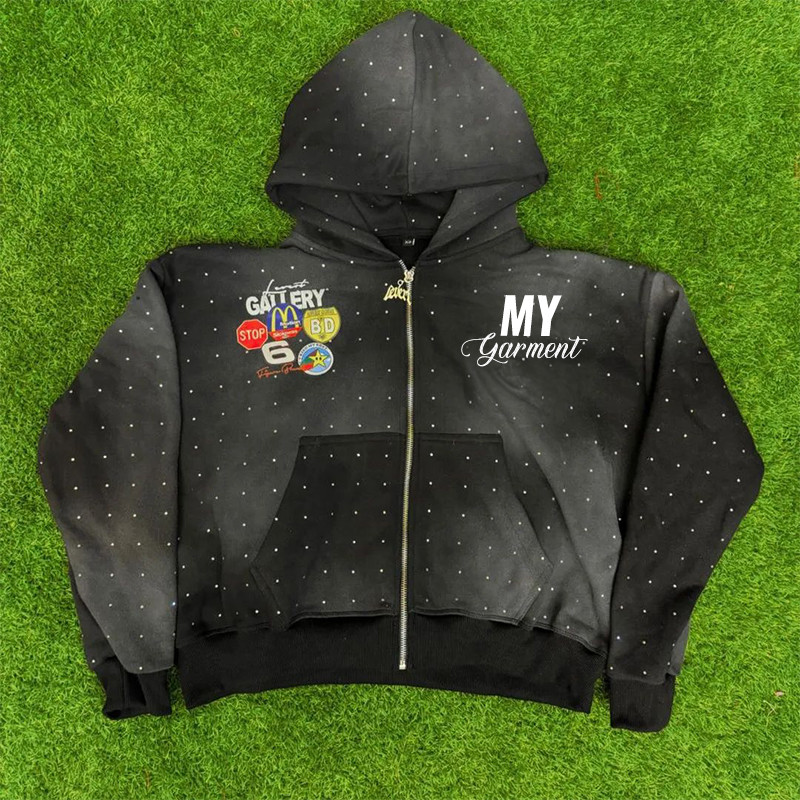 100% Cotton Crop Zip Up Hoodie Embroidery Patches Heavyweight Cool Streetwear Hoodies