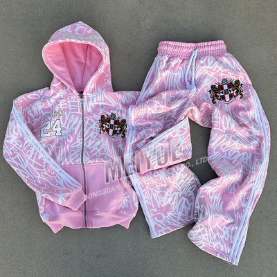 Dtg Printing Zip Up Street Wear Tracksuits Baggy Sweatpants And Hoodie Full Sleeve