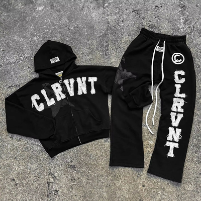 Autumn Mens Streetwear Sweatsuits Two Piece Track Set Applique Distressing Embroidery