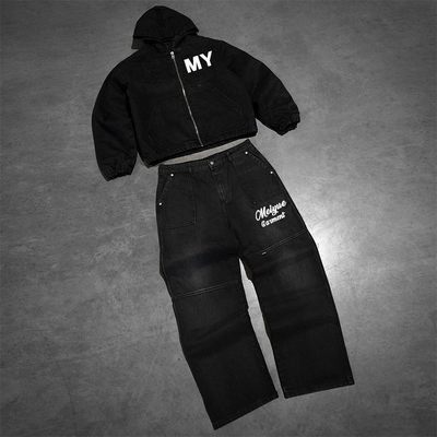 Custom Tracksuit Denim Zipper Hoodie Heavyweight Acid Wash Vintage Track Suits Jean Sweatpants and Jacket Set for Men