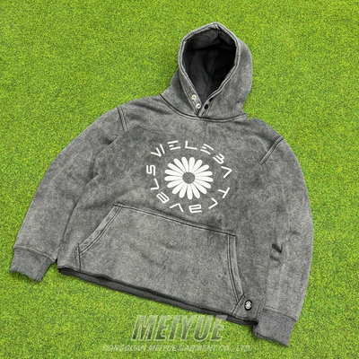 Acid Wash Pullover Drop Shoulder Puff Print Men Cropped Distressed Hoodie 500gsm