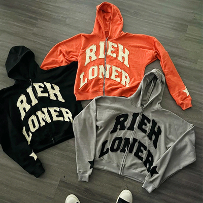 Applique Embroidered Patches Logo Acid Wash Zip Up Hoodie Heavyweight