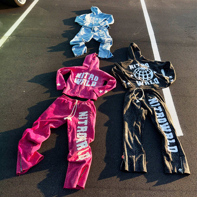 Clothing Manufacturers Custom High Street Rhinestone Distress Embroidered Patch Zipper Hoodies and Sweat Pants Track Suits Set