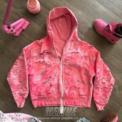 Blank Pink Acid Wash Hoodie Distressed Ripped Zip Up Streetwear Vintage Sun Faded Hoodie