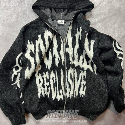Custom Knit Mohair Logo Vintage Distressed Hoodies Warm Heavyweight Streetwear Zip Up Hoodie