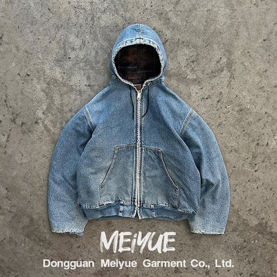 Customizable Blank Zip Up Plain Hoodies Hooded Distressed Denim Jacket 500gsm