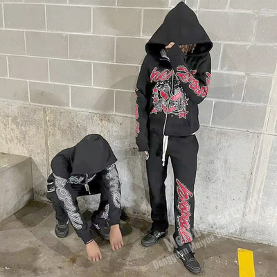 Custom Print Logo Streetwear Stacked Flare Pants Rhinestone Hoodie Joggers Acid Washed Sweatsuit Unisex Sets Tracksuits for Men