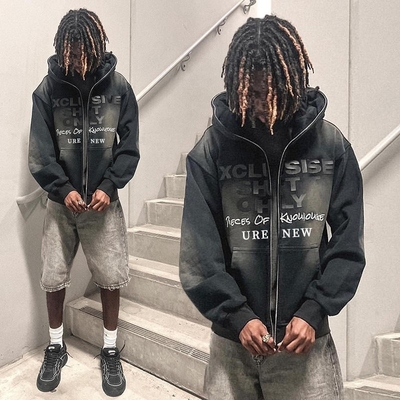 3D Print Vintage Acid Wash Hoodie Mens Zip Up Pullover Street Style Unisex Oversized