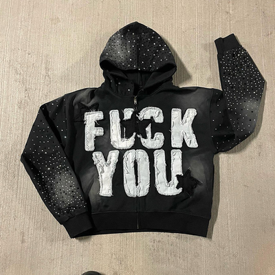 Customizable Distressed Applique Embroidery Hoodie Rhinestone Zip Hoodie O Neck