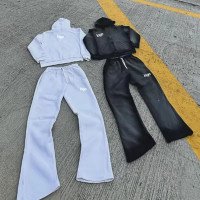 Custom Faded Vintage Jogging Set Zip up Tracksuit Sweat Suit Hoodie and Straight Leg Flared Sweatpants Acid Wash Two Piece Set