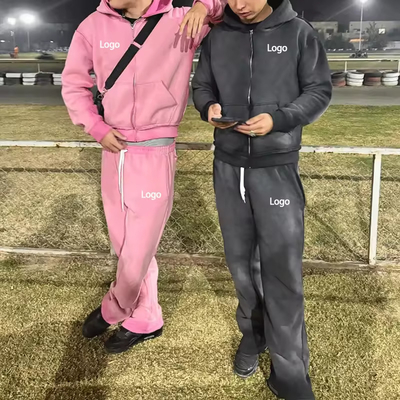 Customized Logo Mens Acid Wash Tracksuit  Zip Up Retro Jogging Suits Loose Fit