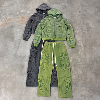 Manufacturers Custom Sun Faded Embossing Full Print Acid Wash Vintage Zipper Cropped Tracksuit Hoodies Sweatpants and Hoodie Set