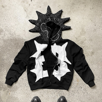 Heavyweight Distressed Applique Embroidery Hoodie Full Face Zip Up Hoodie  Anti Shrink
