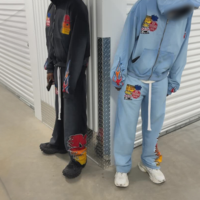 Goede prijs. Kledingfabrikanten Custom Stone Sun Fading Wash Vintage Zipper Hoodie Jogger Set Hoodie en Baggy gestapelde sweatpants Set online