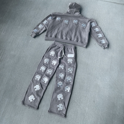 Custom Tracksuit Unisex Screen Print Full Multi Pocket Sweat Jogging 100% Cotton Suits Streetwear Hoodie and Sweatpants Set