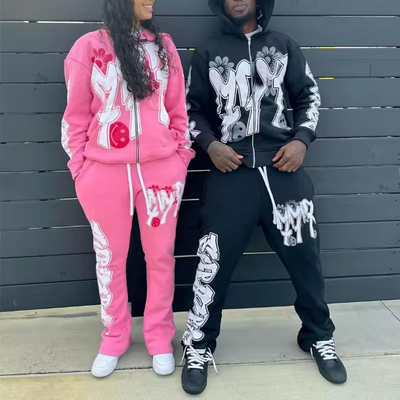 Custom Puff Print Logo Stacked Flare Sweatpants and Hoodie Set 2 Pieces Jogging Suit Sweatsuit Zip up Tracksuit for Men