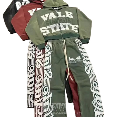 Custom Tracksuits Men Zip up Hoodies Distressed Acid Wash Vintage Screen Print 100% Cotton Flare Sweatpants and Hoodie Set