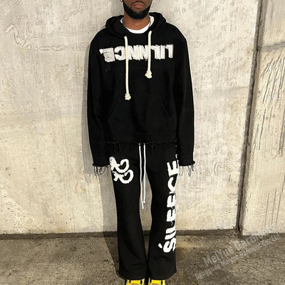Custom Embroidered Patches Logo Jogging 2 Piece Set Heavyweight Streetwear Distressed Hoodie Sweat Pant Blank Tracksuit for Men