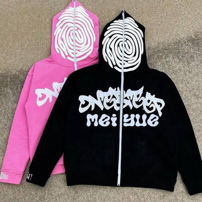 Custom 100% Cotton Heavyweight Full Face Oversized Zip up Hoodie Mens French Terry 3d Foam Puff Printing Hoodie Manufacturer