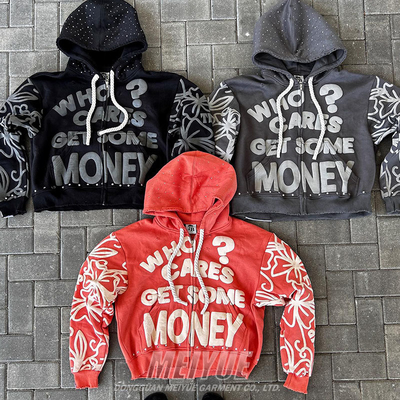 Custom Zip up Rhinestone Hoodies Acid Wash Vintage Puff Printing Hoodie Heavyweight Drop Shoulder Men's Hoodies & Sweatshirts