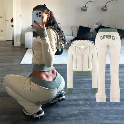 Custom Embroidery Distressed Crop Top Hoodie Joggers Set  Womens Two Piece Set