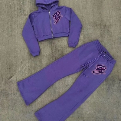 Custom Manufacturer Jogger 100% Cotton 3d Embroidery Rhinestone Zipper up Cropped Hoodie Jogging Sweatsuits Women Autumn Set