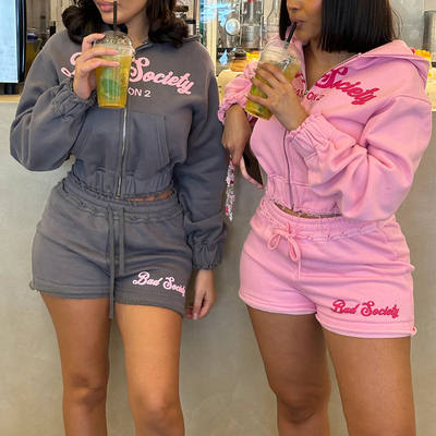 Custom Puff Print logo Women Two Piece Hoodie Set Cotton Tracksuits Sweatsuits Sun Faded Cropped Hoodie and Short Set