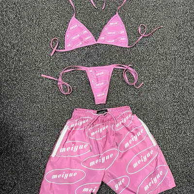 Custom  Hawaiian 3 Pieces Set Summer Swimwear Beachwear Sexy Underwire Bikini Cover up Set Bikini Women Nylon Shorts Bikini Set